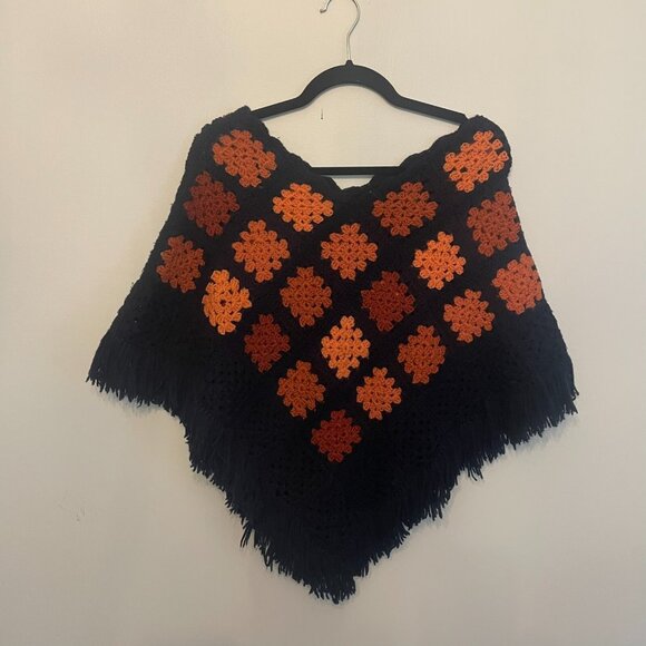 Handmade Crochet Poncho navy Orange Peach Granny Square Boho Vintage Style - Picture 1 of 8